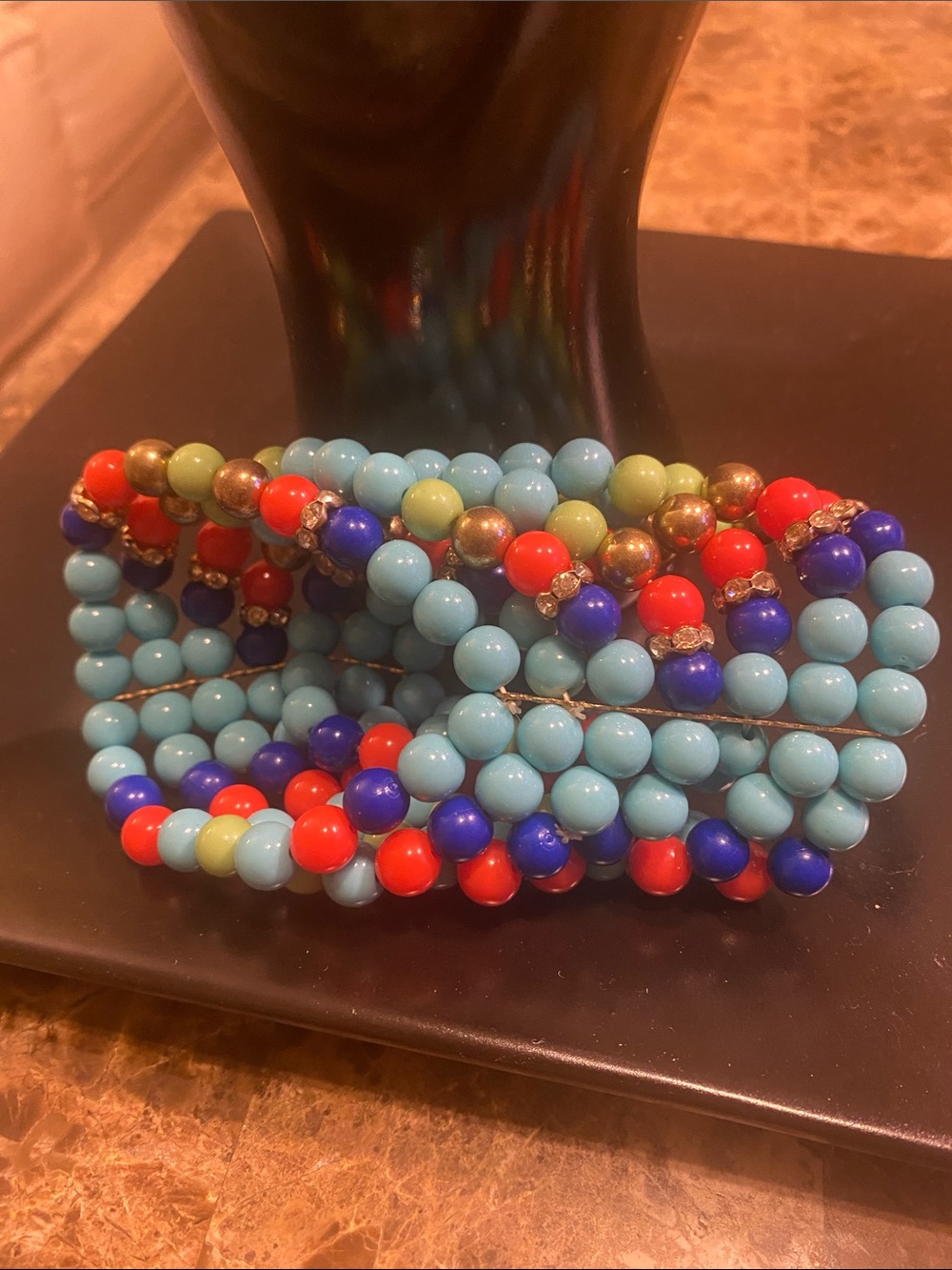 Beaded Stretch Bracelet Stack in Turquoise, Red & Blue - Picture 2 of 3
